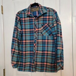 VTG‎ Rugged Point Plaid Flannel Shirt Blue Brown Peach Button Up Mens Sz M